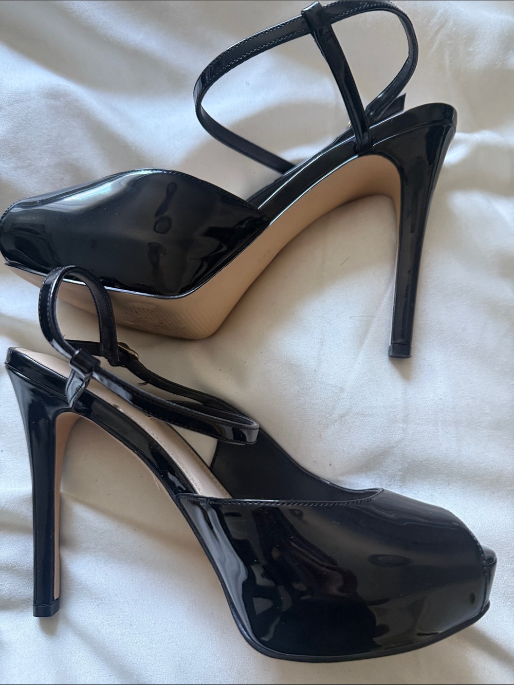 Nine West Black Patent Peep-Toe Platform Heels with Ankle Strap